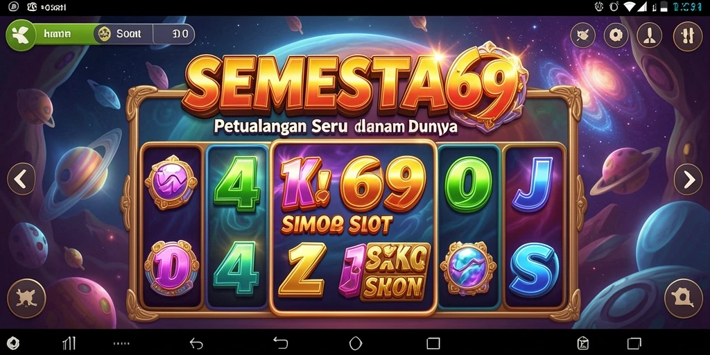 Screenshot menunjukkan gameplay seru di SEMESTA69 dengan banyak warna dan animasi.